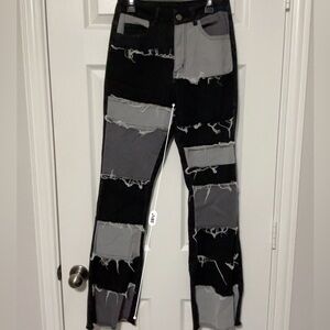 Black and Gray Distressed Patchwork Jeans